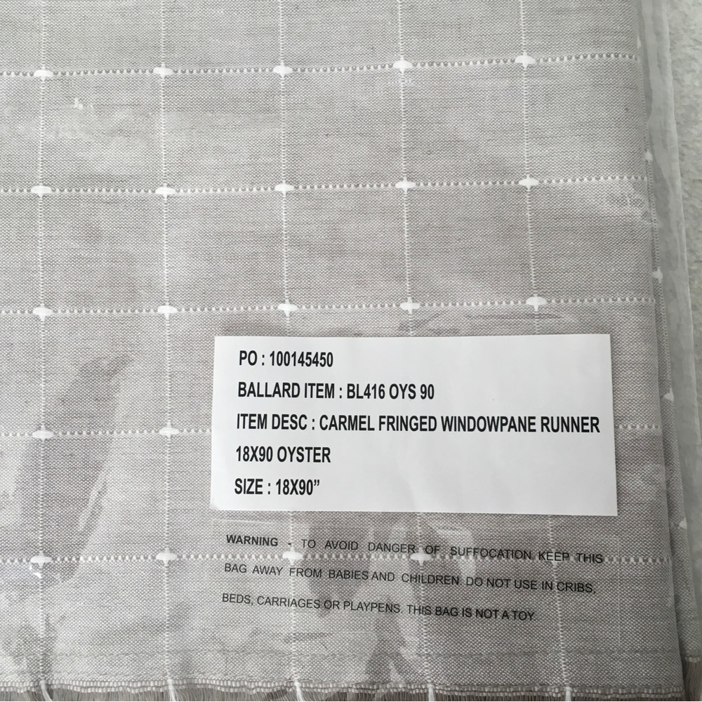 NWT Ballard Designs Carmel Fringed Windowpane Table Runner 18 x 90” 100% Cotton